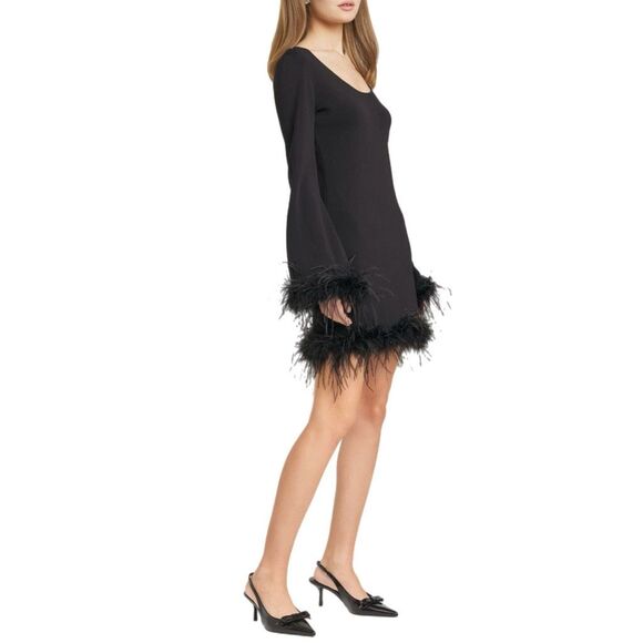 NWT WAYF (Where Are You From) “Karlie” black feather trim long sleeve mini dress - Picture 4 of 13